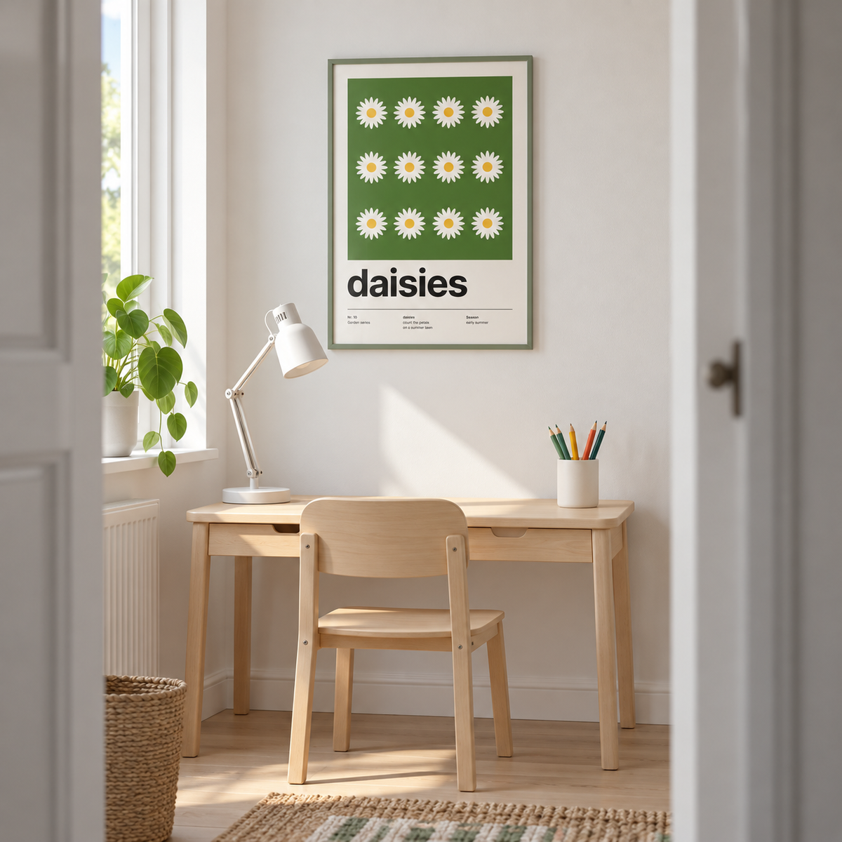 Daisy flower print above a desk in a bright study
