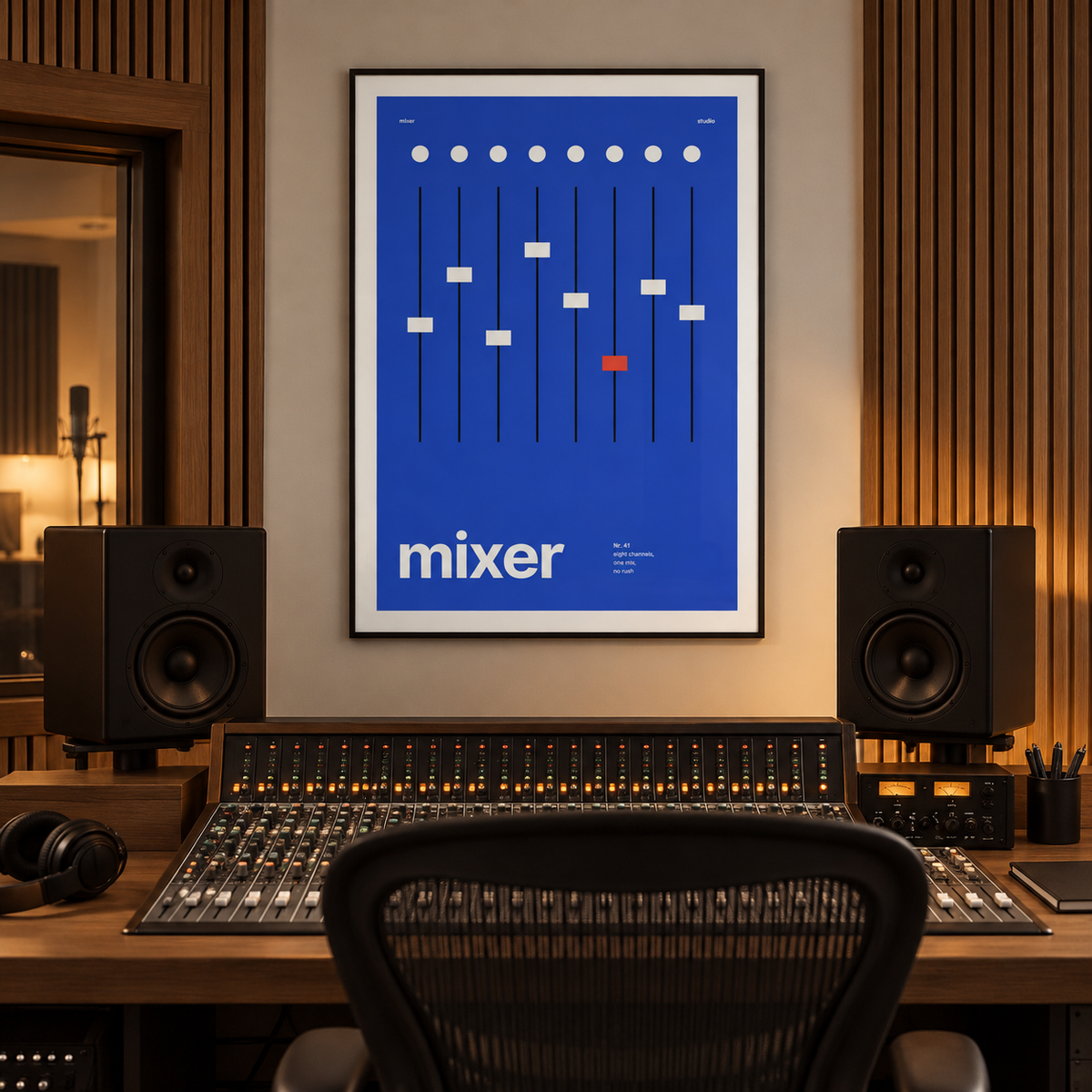 Mixing desk faders print in a home music studio