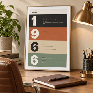 1966 print with digits in earthy colour bands above simple furniture at home