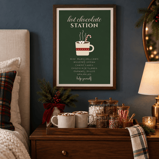 Green hot chocolate station print in a guest room at Christmas