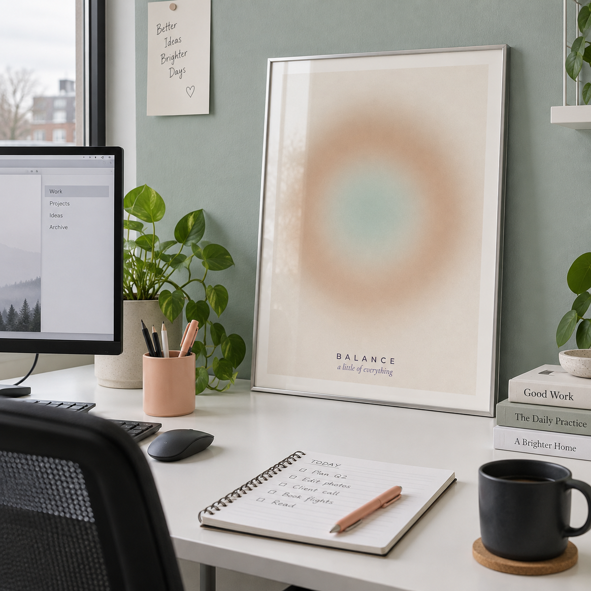 Sand and sage aura print in a home office against a mint wall