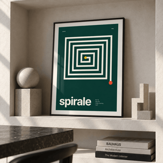 Cream square spiral on deep green print leaning on a picture ledge