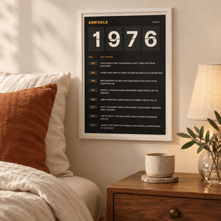 1976 print styled as a split flap arrivals board above simple furniture at home