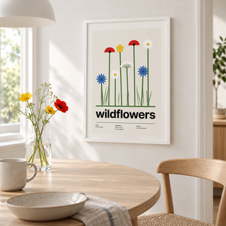 Wild flowers print above a table in a cosy dining nook