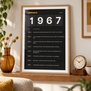 1967 print styled as a split flap arrivals board above simple furniture at home