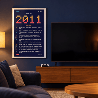 2011 pixel art print in arcade sunset colours above simple furniture at home
