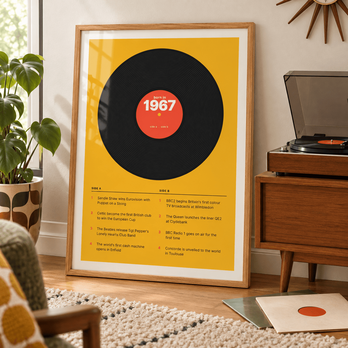 1967 print styled as a vinyl record on mustard above simple furniture at home