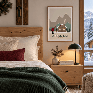 Retro apres ski chalet print in a guest bedroom at Christmas