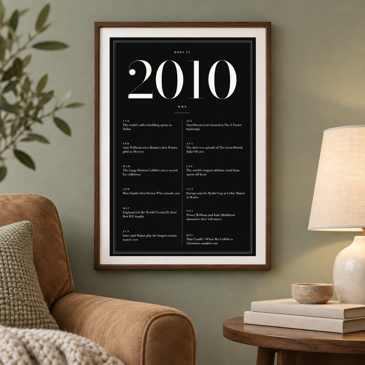 2010 year print in ivory numerals on black above simple furniture at home