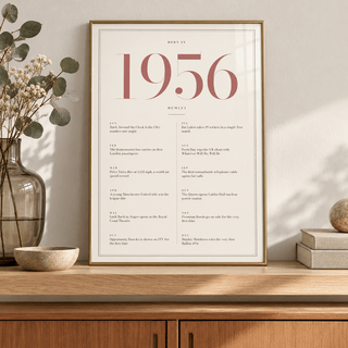 1956 year print with dusty rose numerals on cream above simple furniture at home