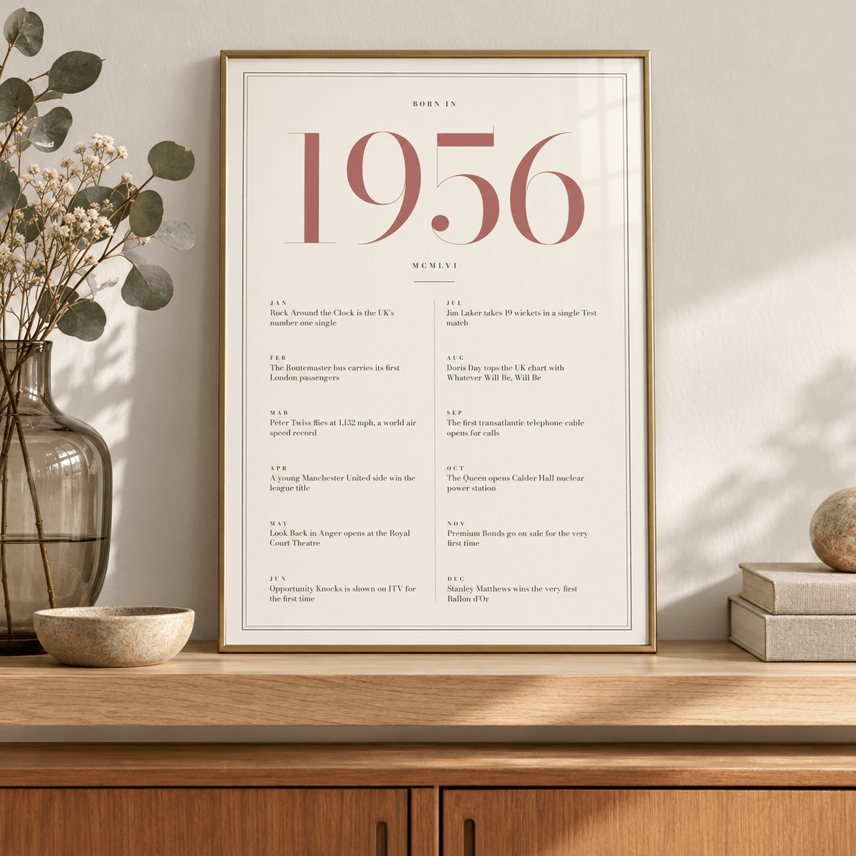 1956 year print with dusty rose numerals on cream above simple furniture at home