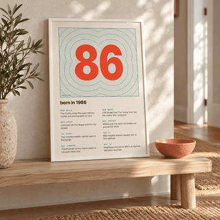 1986 print with the year as a contour map summit above simple furniture at home