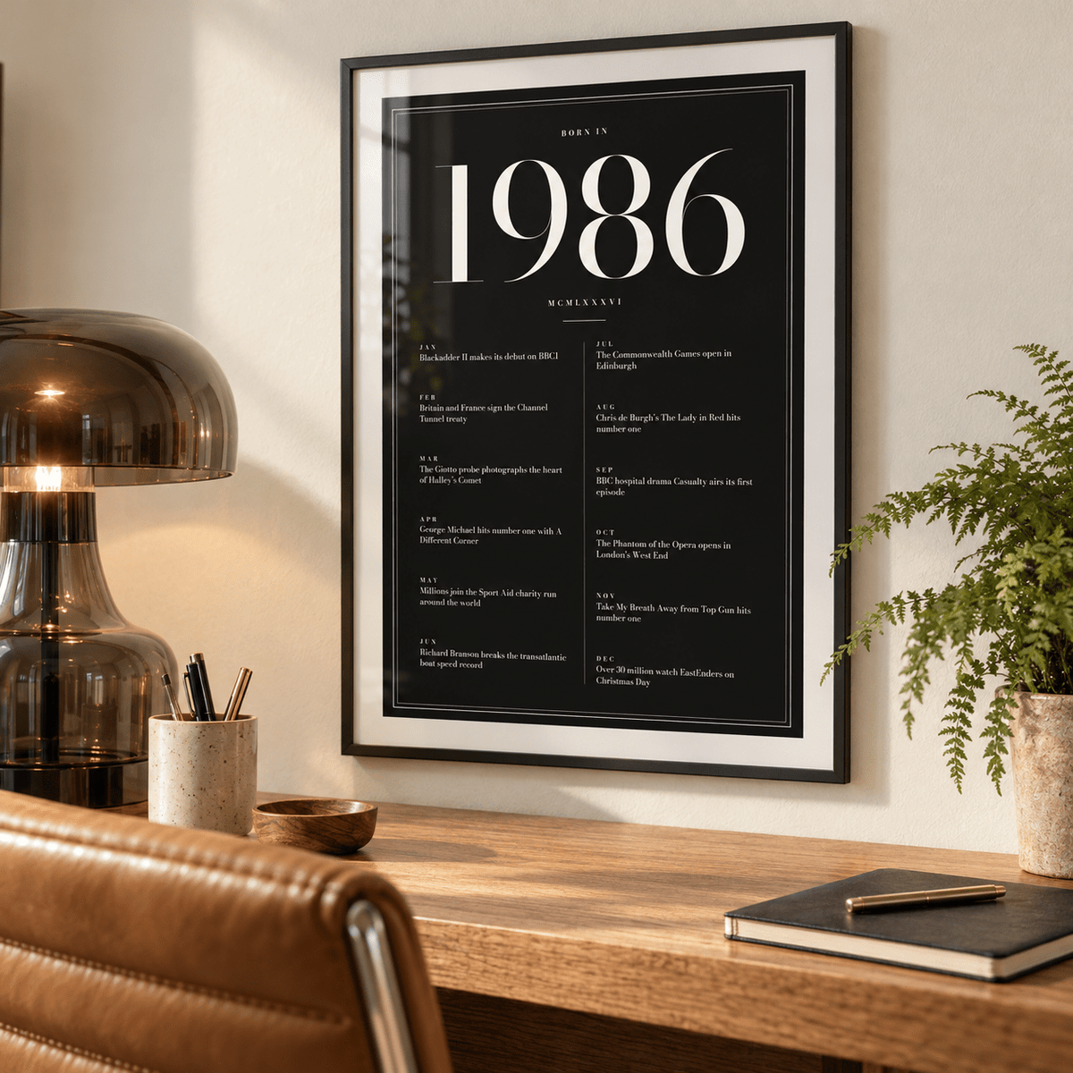 1986 year print in ivory numerals on black above simple furniture at home