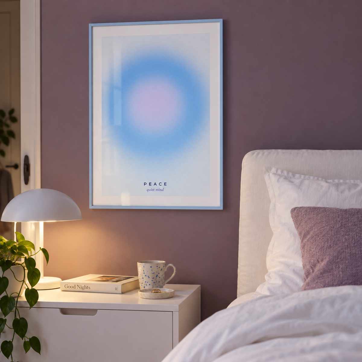 Pale blue and lilac aura print in a bedroom against a plum wall