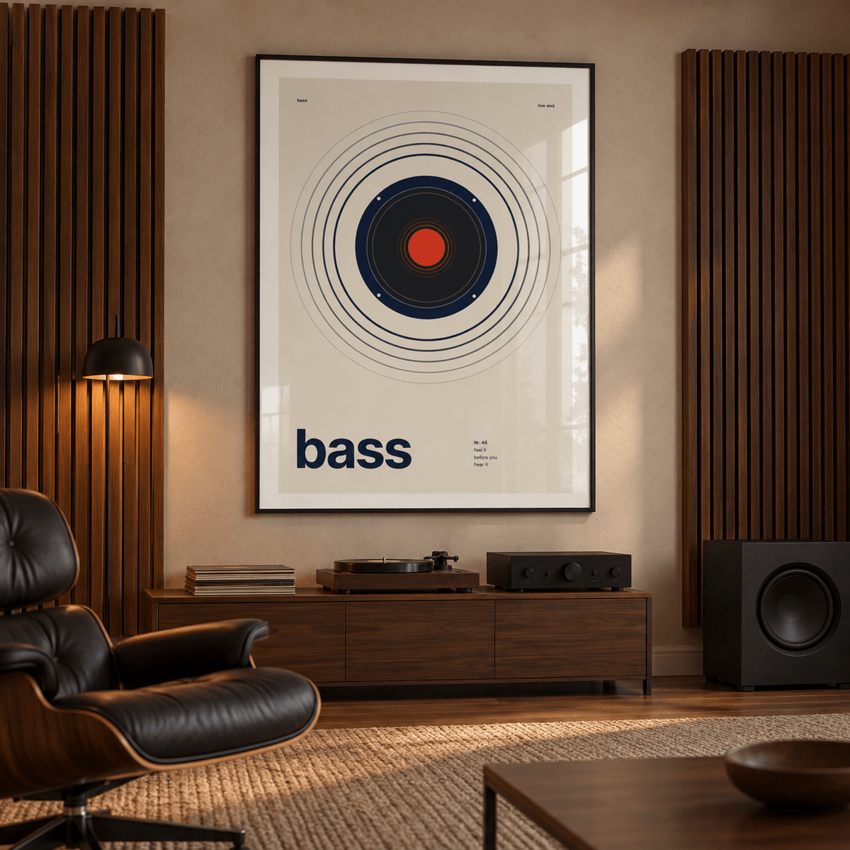Bass speaker with wide rings print in a home music studio