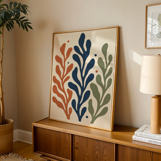 Seaweed print with three tall fronds leaning on a wooden sideboard in a warm living room