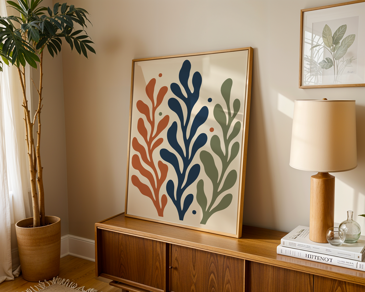 Seaweed print with three tall fronds leaning on a wooden sideboard in a warm living room