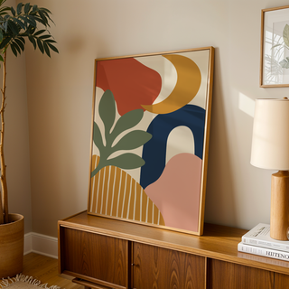 Boho wall art with a mustard moon leaning on a wooden sideboard in a warm living room