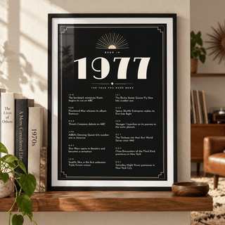 1977 Art Deco print in cream on black above simple furniture at home