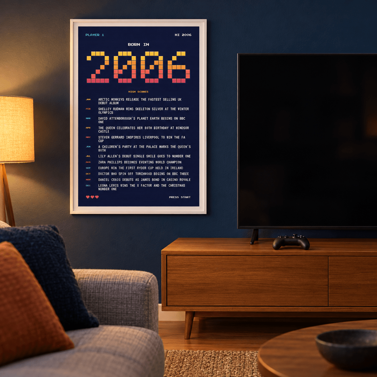 2006 pixel art print in arcade sunset colours above simple furniture at home