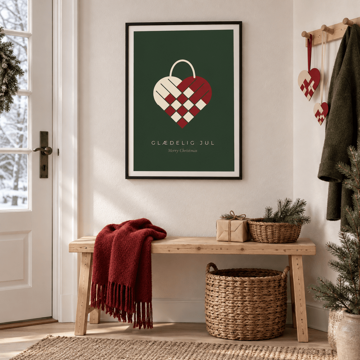 Woven paper heart Christmas print in an entry hall at Christmas