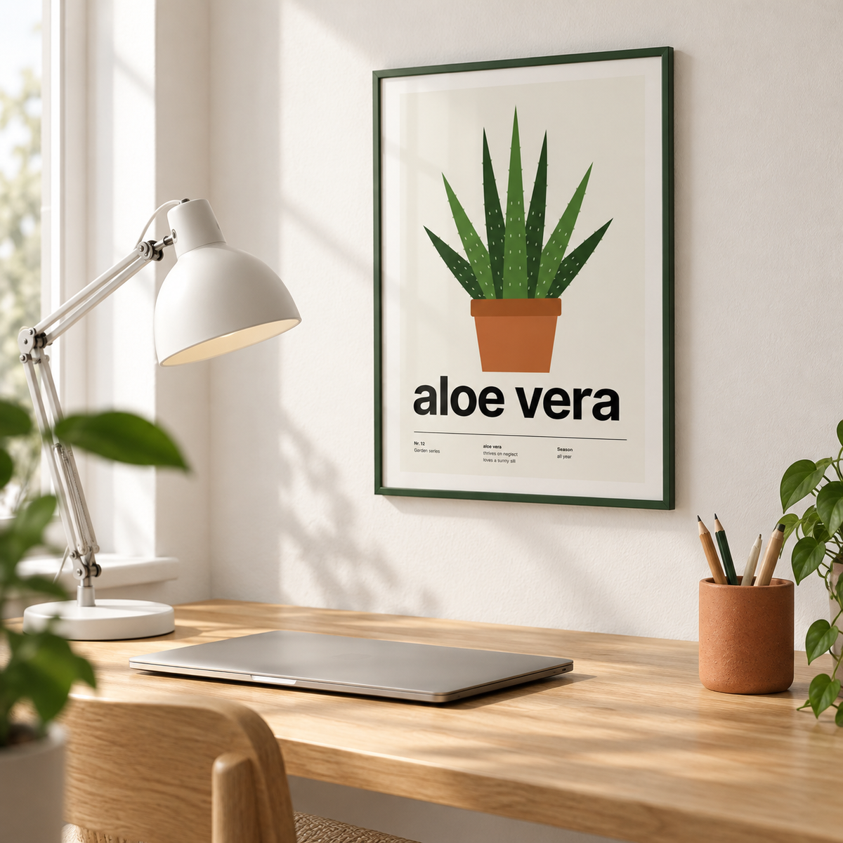 Aloe vera plant print in a quiet study nook