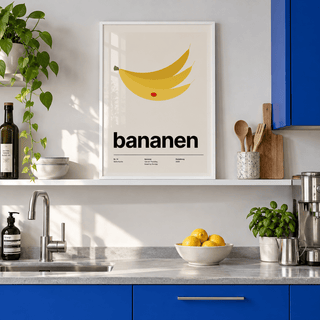 Bunch of three bananas print on a shelf in a kitchen against a cobalt wall