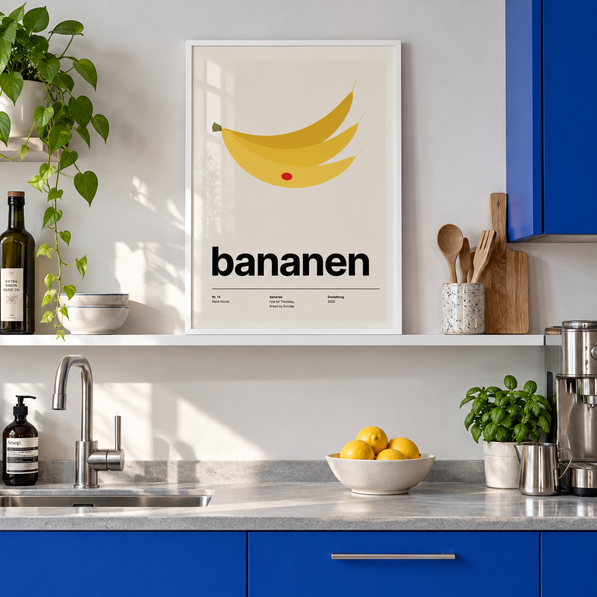 Bunch of three bananas print on a shelf in a kitchen against a cobalt wall