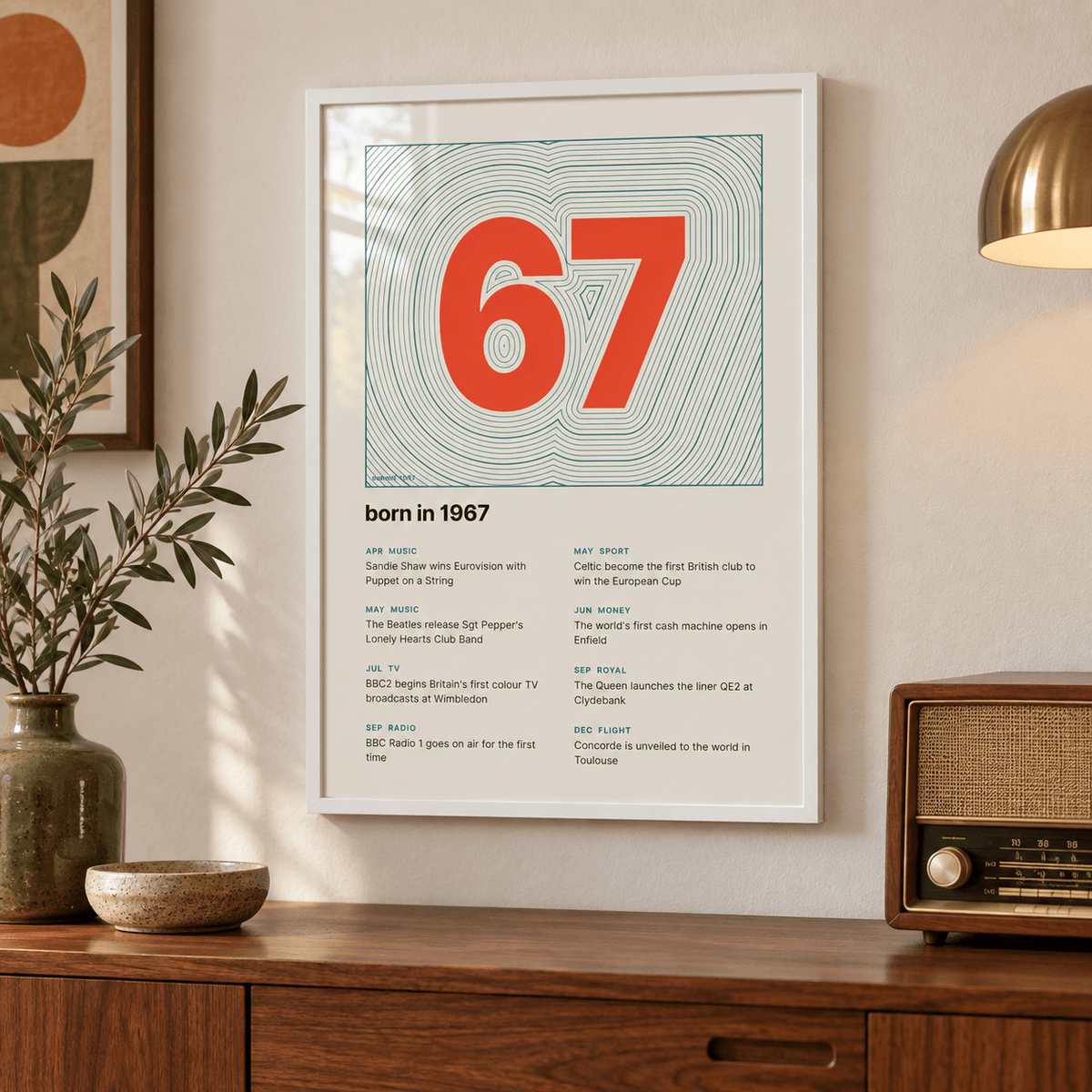 1967 print with the year as a contour map summit above simple furniture at home