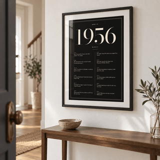 1956 year print in ivory numerals on black above simple furniture at home