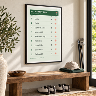 Retirement golf scorecard print in the hallway of a keen golfer