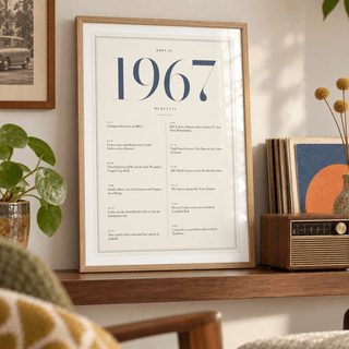 1967 year print with slate blue numerals on cream above simple furniture at home