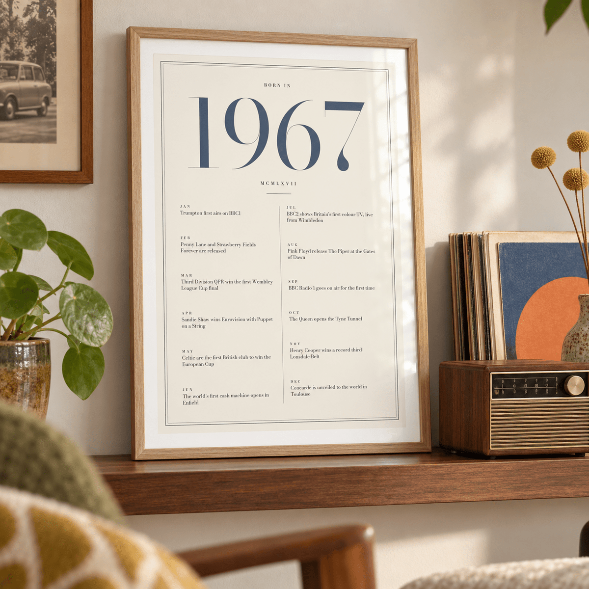 1967 year print with slate blue numerals on cream above simple furniture at home