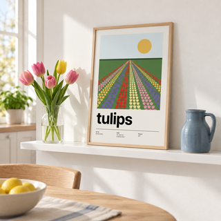 Tulip field print leaning on a picture ledge with books