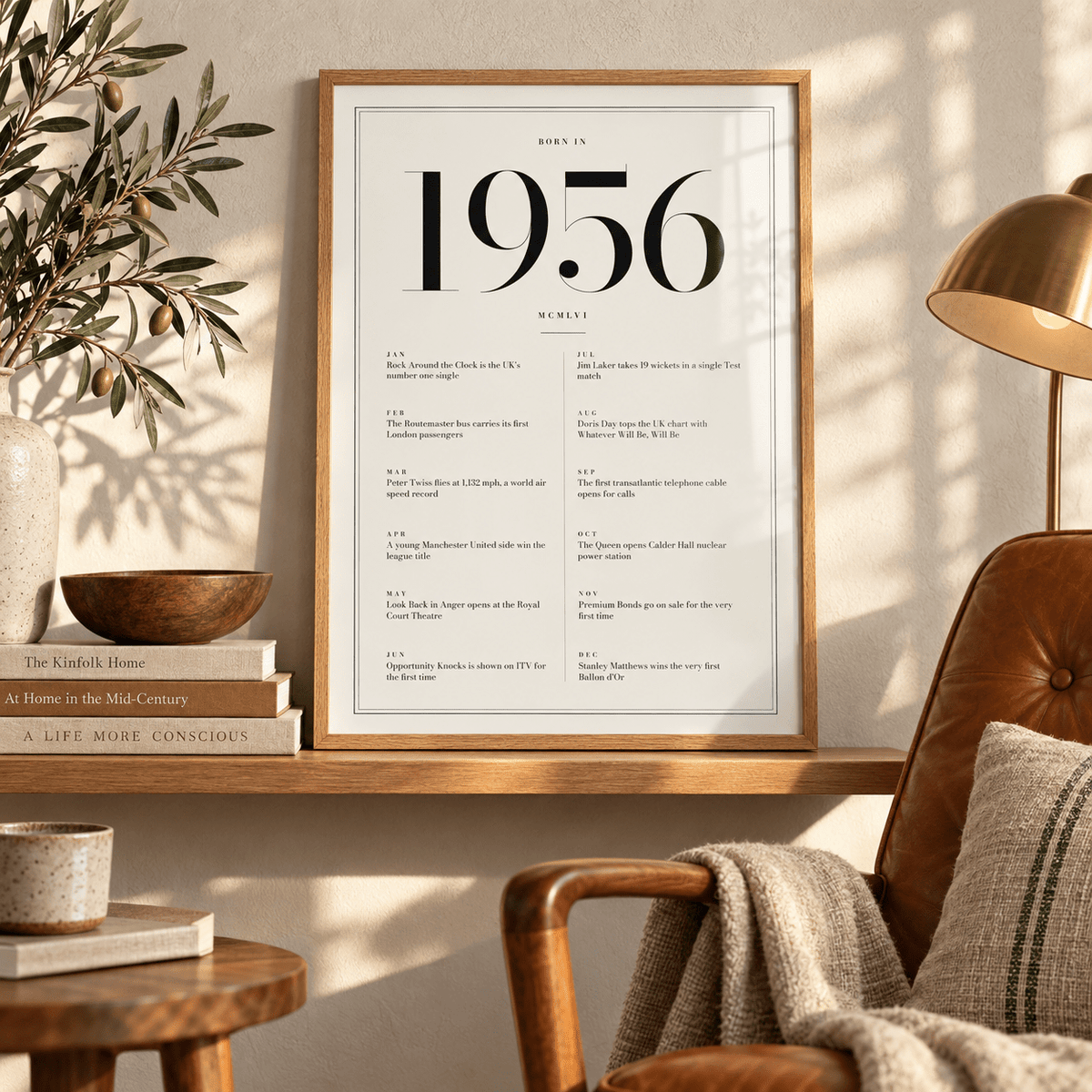 1956 year print in black numerals on white above simple furniture at home