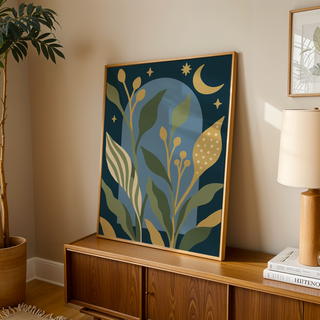 Celestial wall art of a night garden leaning on a wooden sideboard in a warm living room