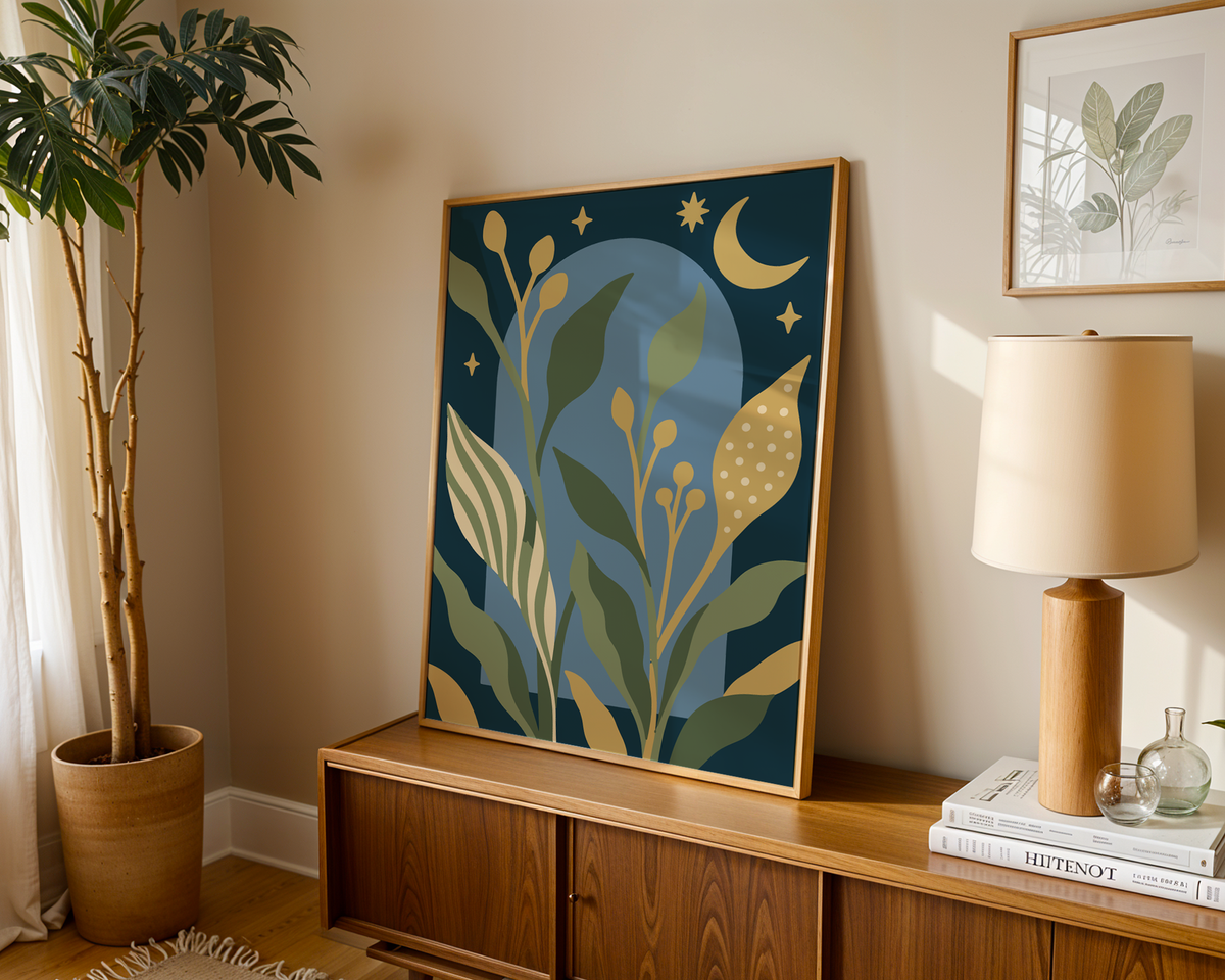 Celestial wall art of a night garden leaning on a wooden sideboard in a warm living room