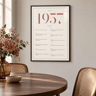 1957 year print with dusty rose numerals on cream above simple furniture at home