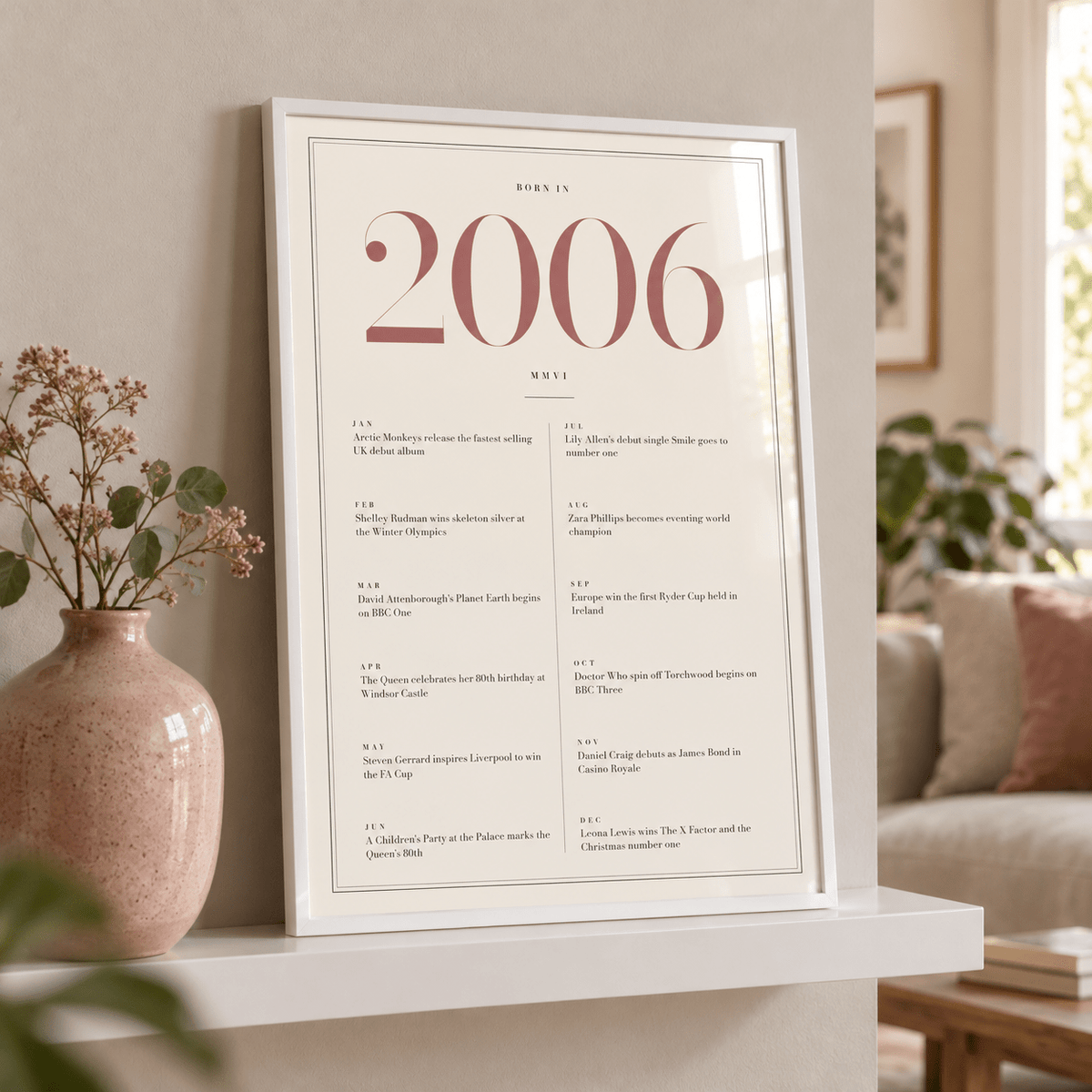 2006 year print with dusty rose numerals on cream above simple furniture at home