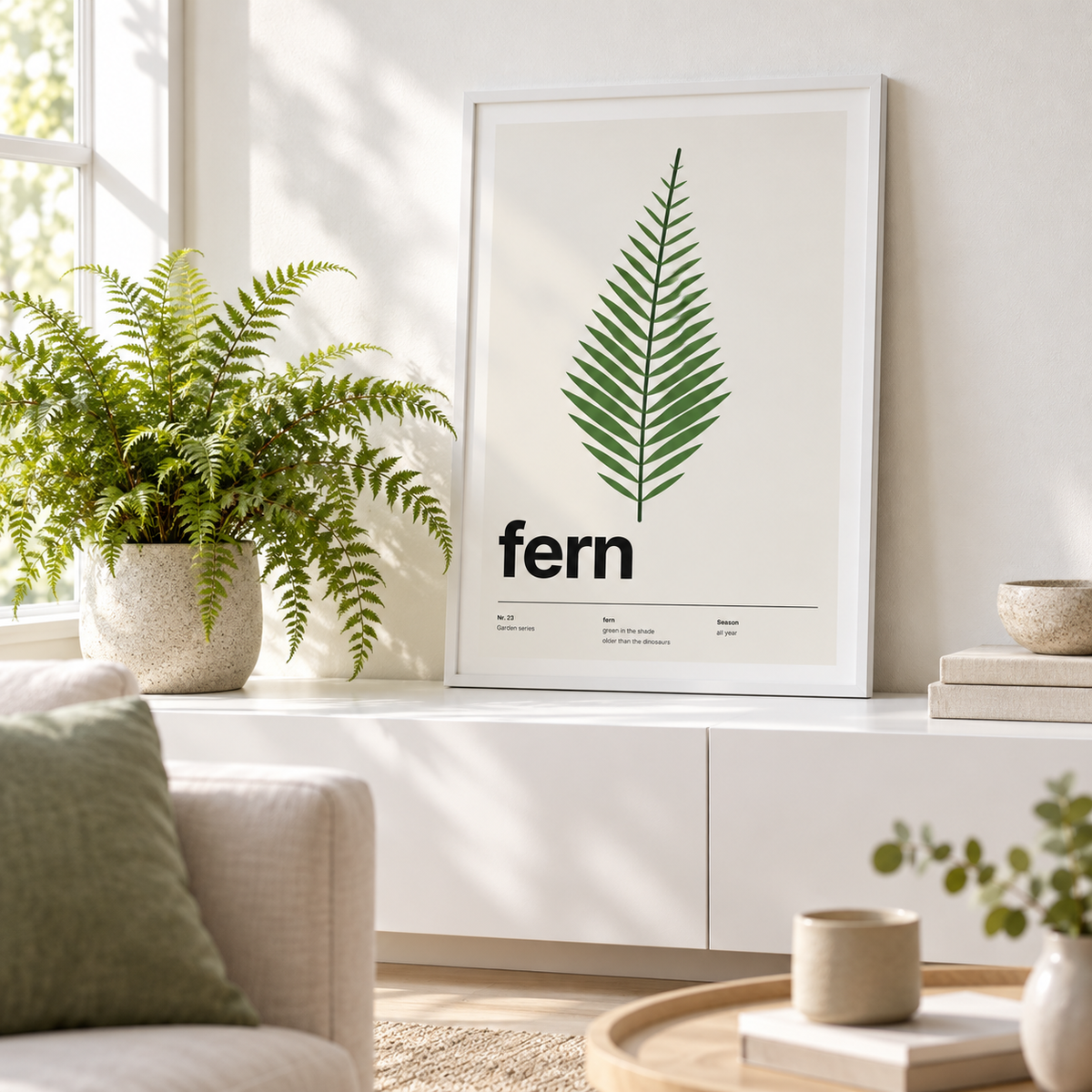 Fern print beside a window in a living room