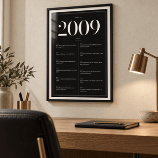 2009 year print in ivory numerals on black above simple furniture at home