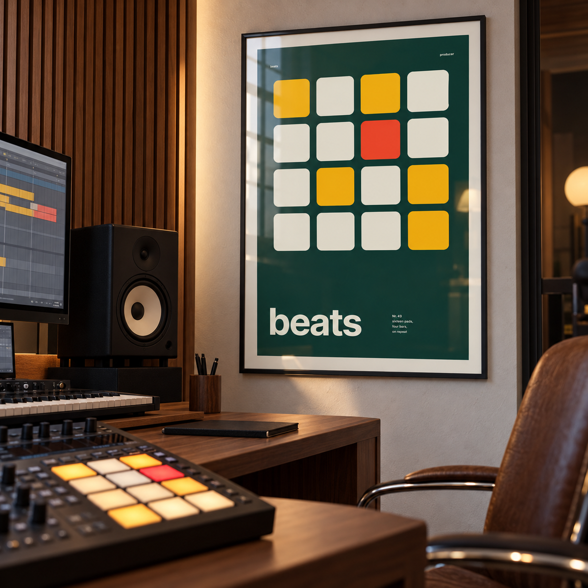 Drum pad grid print in a home music studio