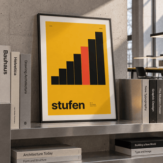 Black bars rising like steps print leaning on a picture ledge