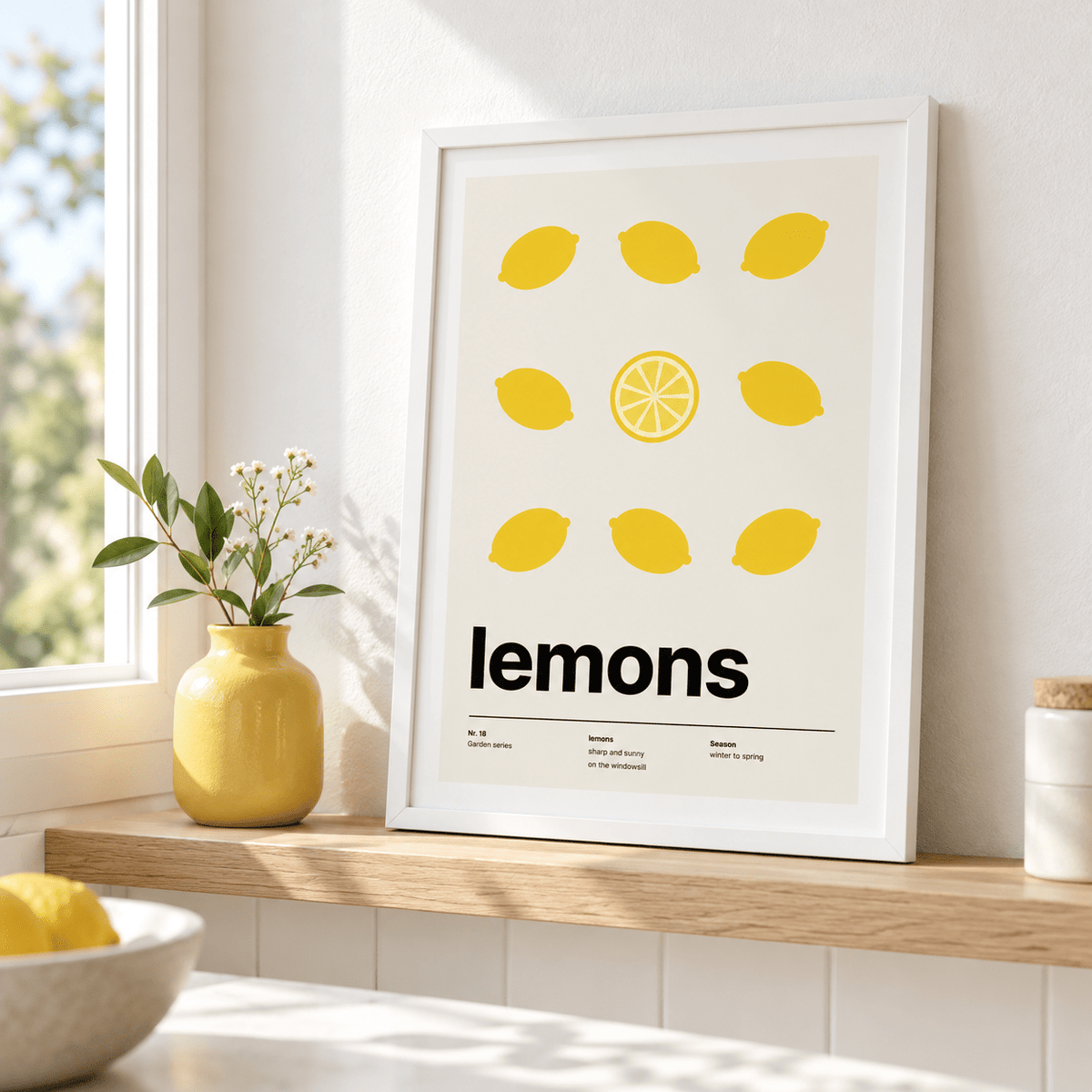 Citrus print leaning on a sideboard beside a yellow vase
