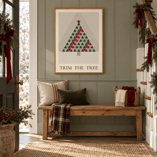Patchwork quilt Christmas tree print in a family hallway at Christmas