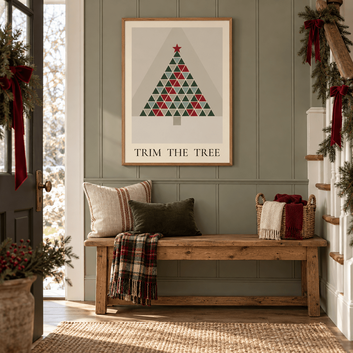 Patchwork quilt Christmas tree print in a family hallway at Christmas