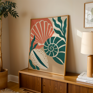 Seashell wall art on warm sand leaning on a wooden sideboard in a warm living room
