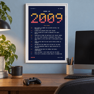 2009 pixel art print in arcade sunset colours above simple furniture at home