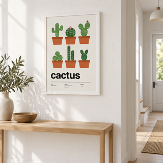 Cacti print on the wall of a light hallway