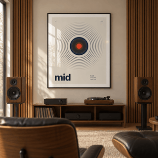 Mid range speaker with rings print in a home music studio